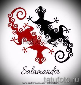 Фото тату: минималистичный эскиз татуировки саламандры, выполненный в красном и черном цвете с использованием простых форм и спиральных узоров.