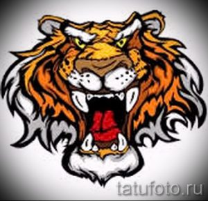 Эскиз татуировки с изображением рычащего тигра с открытой пастью и острыми зубами, выполненный в ярких цветах.