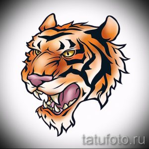 Цветной эскиз татуировки головы тигра. Изображение выполнено в реалистичном стиле с использованием ярких оранжевых, черных и желтых оттенков, подчеркивающих детали шерсти и выразительный взгляд.
