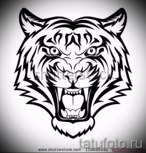Фото эскиза тату: стилизованная голова тигра с открытой пастью, выполненная в черно-белом стиле. Выражение ярости и детализированные клыки.