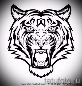 Фото эскиза тату: стилизованная голова тигра с открытой пастью, выполненная в черно-белом стиле. Выражение ярости и детализированные клыки.