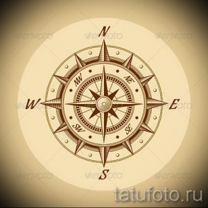 Эскиз татуировки компаса, выполненный в винтажном стиле с использованием коричневых и бежевых оттенков, имитирующий старинную карту.