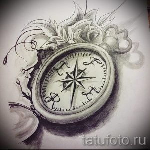 Красивый эскиз татуировки компаса, украшенного розой и ветвями. Идеально для девушек, любящих романтичные и нежные рисунки.