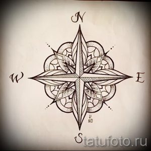 Эскиз тату розы ветров, выполненный в стиле мандалы. Тонкие линии, сложные узоры, восточный стиль.