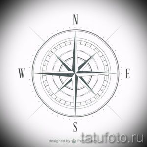 Черно-белый эскиз татуировки с изображением классической розы ветров. Четкие линии, геометрическая форма, подходит для минималистичного стиля.