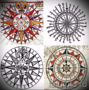 Фотография с четырьмя старинными эскизами татуировок с розами ветров. Различные стили, цветовые решения и детализация.