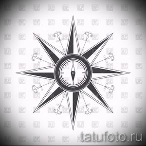 Черно-белое фото тату с изображением классической розы ветров. Четкие линии, минималистичный дизайн, подходит для запястья или лопатки.