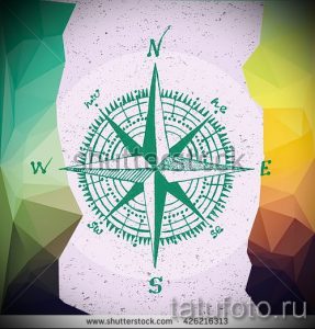 Фото татуировки с изображением компаса в винтажном стиле. Компас выполнен в зеленых тонах на фоне геометрических фигур.