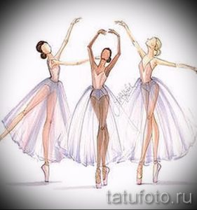 Фото тату с изображением трех балерин в пастельных тонах, выполненное в акварельной технике. Идеально для любителей танца и искусства.