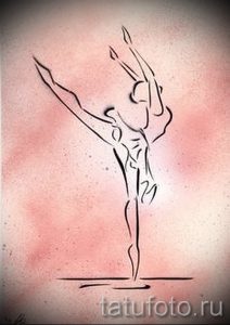 Черно-белая татуировка с изображением силуэта балерины. Лаконичный и элегантный дизайн с использованием тонких линий.
