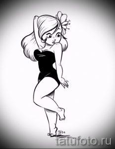 Эскиз татуировки в стиле pin-up с изображением очаровательной балерины. Черно-белый рисунок с игривым характером.