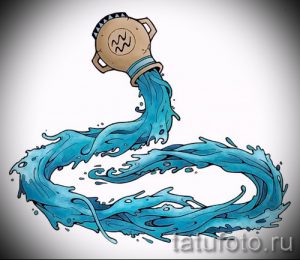 Красочное фото тату Водолея, изображающего кувшин, из которого льется поток воды, символизирующий знак зодиака.