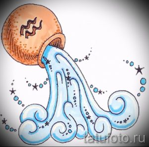 Фото тату Водолея, выполненное в ярких акварельных тонах. Изображение кувшина, из которого льется вода, окружено звездами и брызгами.