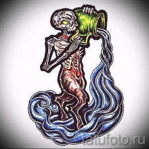 Фото тату: мрачный скелет, держащий кувшин, из которого льется синяя вода. Рисунок выполнен в черных тонах с добавлением красного и синего.