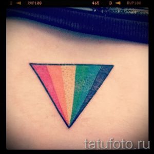 Простая и стильная татуировка на коже с изображением треугольника, заполненного цветами радуги. Минималистичный и современный рисунок татуировки.