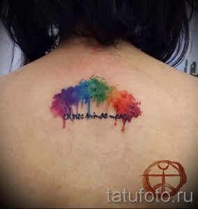 Фото акварельной тату на спине с разноцветными брызгами и надписью 'Colores animæ meæ'.
