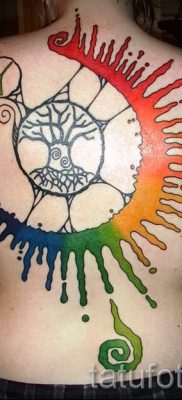 Крутой вариант татуировки радуга на фотографии – для публикации про историю рисунка радуги в тату