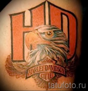Фото тату: орел с распахнутыми крыльями и логотипом Harley-Davidson на руке. Использованы цвета: оранжевый, серый, черный и белый. Детализированный рисунок татуировки.