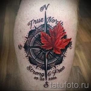 Фото тату на предплечье: компас с красным кленовым листом и надписью 'True North' и датой '09.20.2006'.