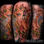 Крутой пример нанесенной татуировки жираф – рисунок подойдет для тату жираф акварель