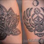 Фото двух татуировок на руках: одна изображает цветок лотоса, другая - скарабея с крыльями. Обе выполнены в черном цвете в стиле графики.