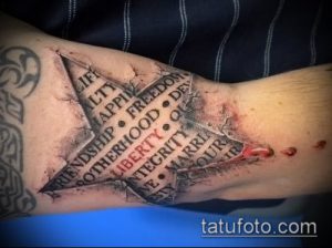 Фото татуировки на локте в виде звезды, заполненной текстом. Сложный и детализированный дизайн.