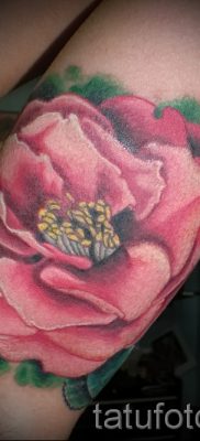 Достойный вариант наколки камелия на фото для публикации про историю рисунка цветка камелии в татуировке