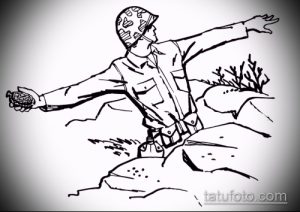 Эскиз татуировки: солдат, бросающий гранату в бою. Символизирует храбрость, жертвенность и военную службу.