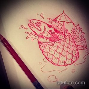 Необычный эскиз татуировки, сочетающий изображение ананаса и рыбы, выполненный в красных тонах. Подходит для любителей оригинальных и ярких рисунков.
