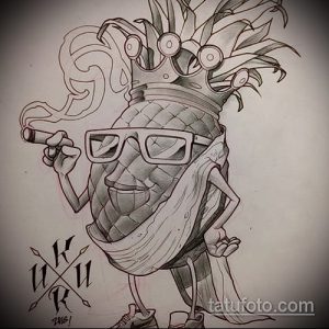 Необычный эскиз татуировки: антропоморфный ананас в солнцезащитных очках, курящий сигару. Подходит для тех, кто любит юмор и оригинальные рисунки.