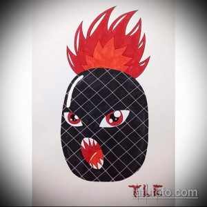 Яркий эскиз татуировки ананаса с красным огненным ирокезом и злым выражением лица. Подходит для тех, кто любит необычные и дерзкие рисунки.