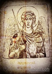 Эскиз татуировки Архангела Михаила, выполненный в византийском стиле. Рисунок выполнен в коричневых тонах с использованием тонких линий и штриховки.