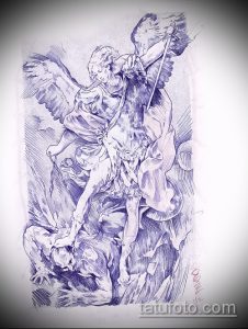 Ручной эскиз татуировки, изображающий ангела, сражающегося с демоном. Рисунок выполнен в синих чернилах с использованием штриховки и детализации.