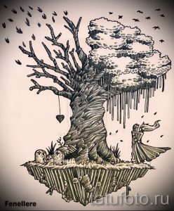Черно-белый эскиз татуировки дерева, стоящего на кладбище, с птицами, летящими вокруг. Символизирует печаль, потерю и надежду на возрождение.