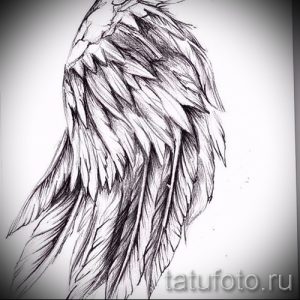 Эскиз татуировки с изображением детализированного крыла. Графический дизайн, символизирующий свободу, легкость и стремление к небесам.