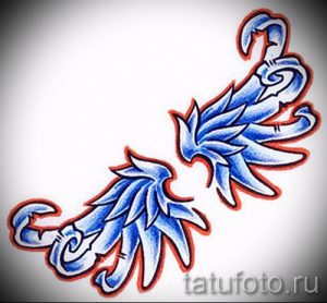 Фото эскиза тату с изображением стилизованных крыльев в ярких синих тонах с красной обводкой. Динамичный и современный дизайн для тех, кто любит выделяться.