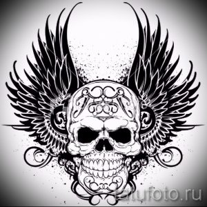 Эскиз татуировки с изображением черепа, украшенного крыльями и сложным орнаментом. Подходит для тех, кто ищет мрачный и стильный рисунок.