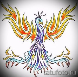 Фото тату феникса, выполненного в ярких цветах. Птица с расправленными крыльями, окруженная языками пламени.