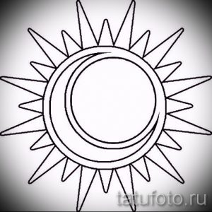 Черно-белый эскиз татуировки, изображающий солнце и луну, объединенные в одной композиции. Символизирует баланс и гармонию.