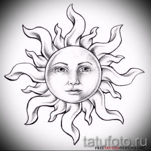 Фото тату эскиза солнца с женским лицом, выполненного в винтажном стиле. Идеально для любителей классических татуировок.