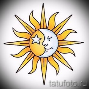 Фото тату: Эскиз татуировки с изображением солнца и луны с улыбающимися лицами, выполненный в ярких цветах в стиле old school.