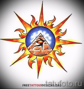 Мистический эскиз татуировки солнца с пирамидой в центре, окруженной огненными лучами, выполненный в ярких цветах.