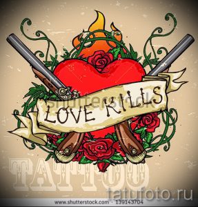 Фото тату с изображением сердца, пронзенного двумя револьверами, обвитого розами и с лентой "Love Kills". Яркий и драматичный эскиз татуировки.