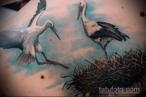 Фото акварельной татуировки с изображением двух аистов возле гнезда. Мягкие цвета и размытые линии.