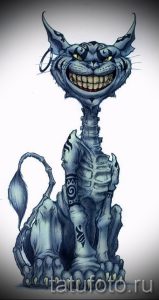 Фото тату Чеширского кота в стиле dark art. Скелетообразный кот с безумной улыбкой и яркими желтыми глазами. Идеально для любителей мрачной эстетики.