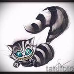Прикольный вариант татуировки эскиз чеширский кот – можно использовать для тату чеширский кот ноге
