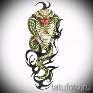 Эскиз цветной татуировки: кобра с распушенным капюшоном и высунутым языком, окруженная черными плетевыми узорами. Агрессивный и эффектный дизайн.