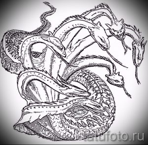 Черно-белый эскиз татуировки с изображением многоголовой змеи, символизирующей хаос и силу. Детализированный рисунок тату.