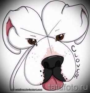 Эскиз татуировки с изображением милой собаки породы боксер и четырехлистного клевера. Рисунок выполнен в мультяшном стиле с яркими деталями.