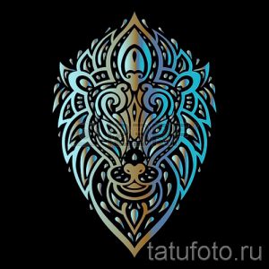 Фото эскиза тату: голова льва в стиле трайбл, выполненная в ярких градиентных цветах. Оригинальный и запоминающийся дизайн.
